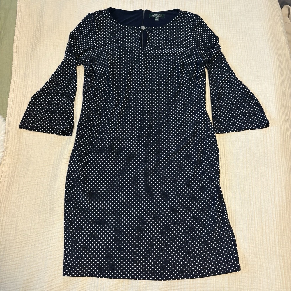Lauren Ralph Lauren Dress Navy Blue Stretch Polka Dot Midi Size‎ 10 Career Twee